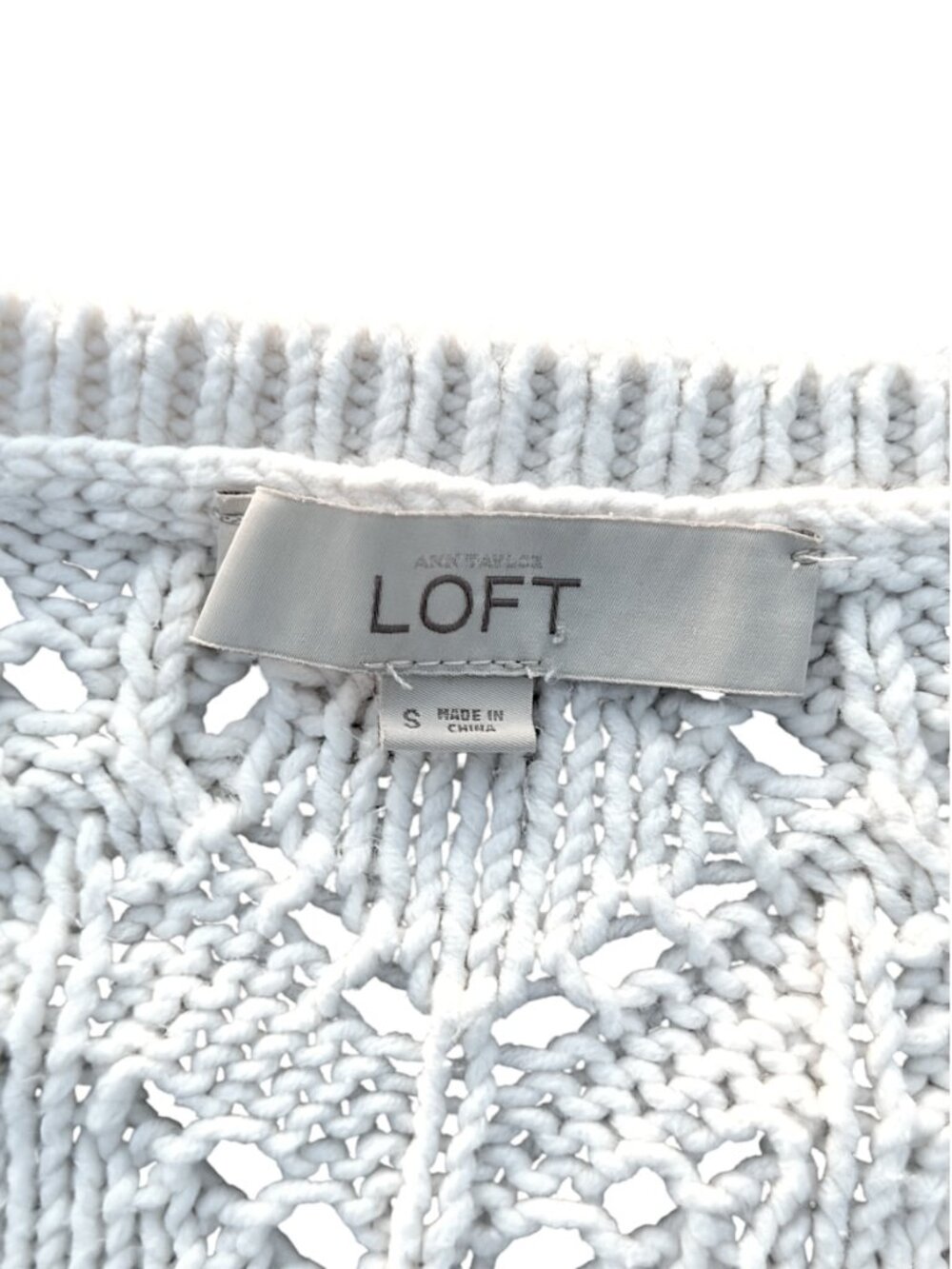 LOFT Cream Cable Knit Openwork Pointelle Sweater Off White Crew Neck - Picture 8 of 16